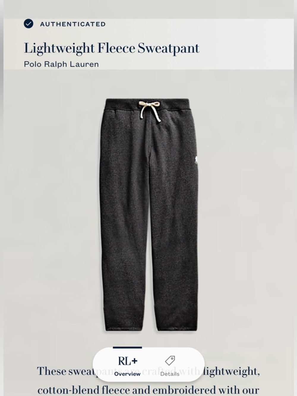 Ralph Lauren Light Weight Fleece Charcoal Gray Drawstring Sweatpants